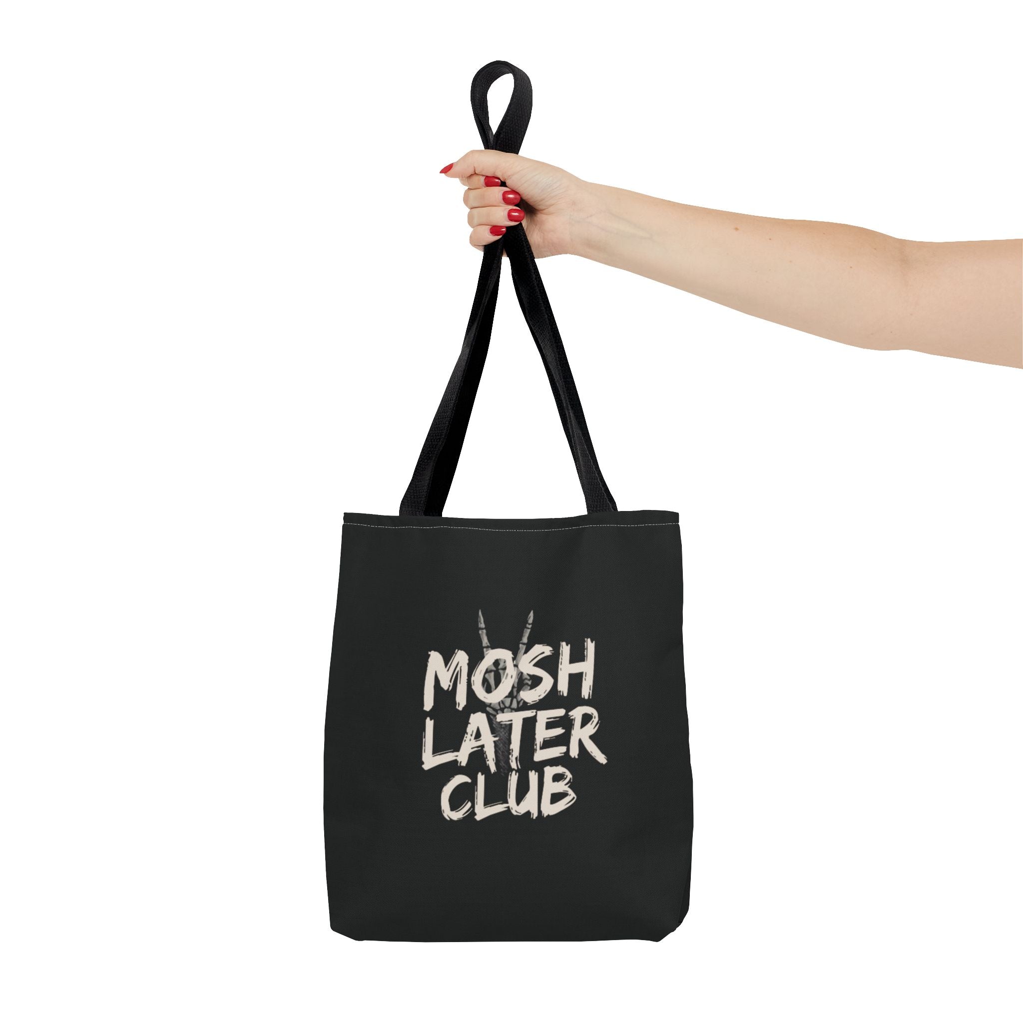 Mosh Later Club Tote Bag | Rock Music Graphic, Black All-Over Print