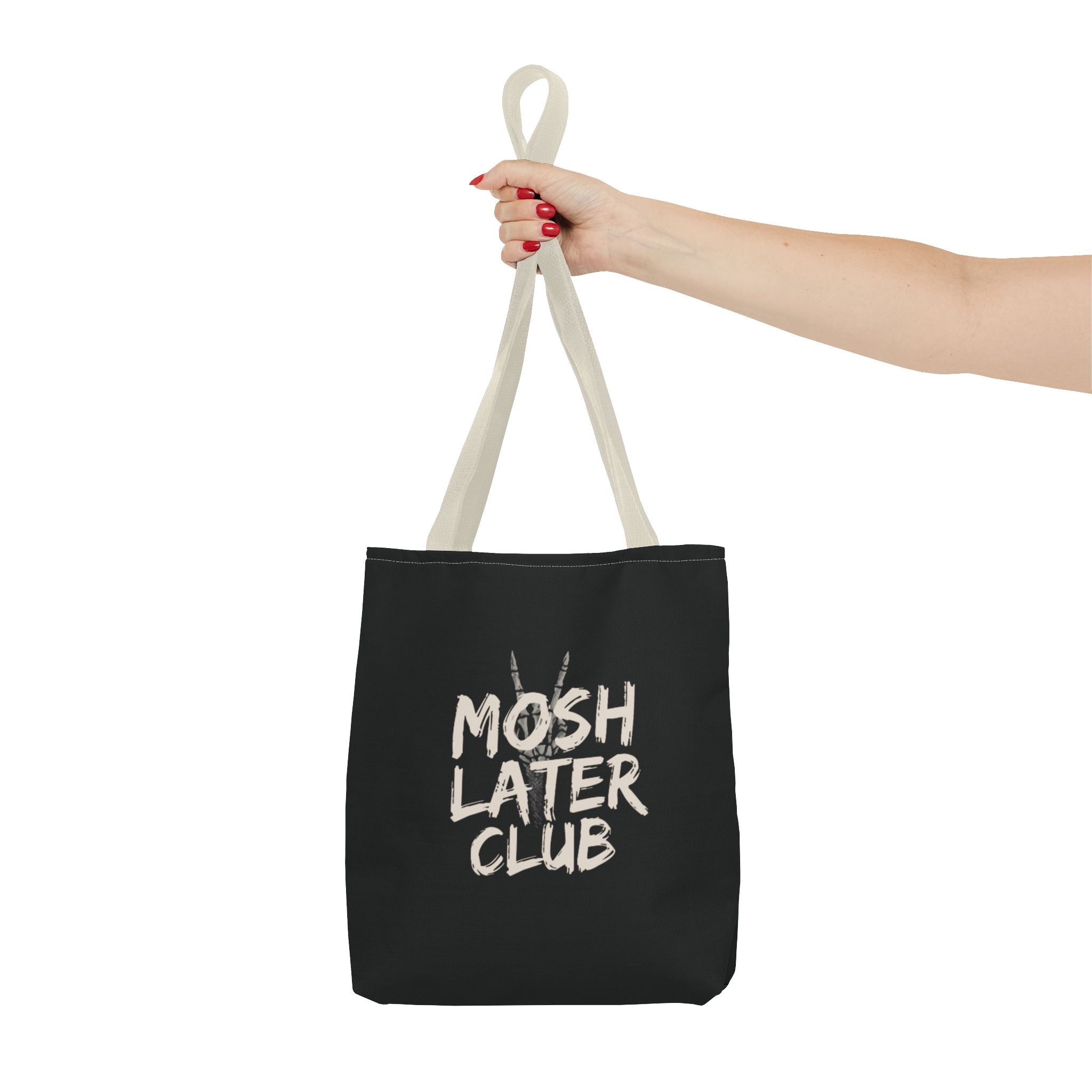 Mosh Later Club Tote Bag | Rock Music Graphic, Black All-Over Print